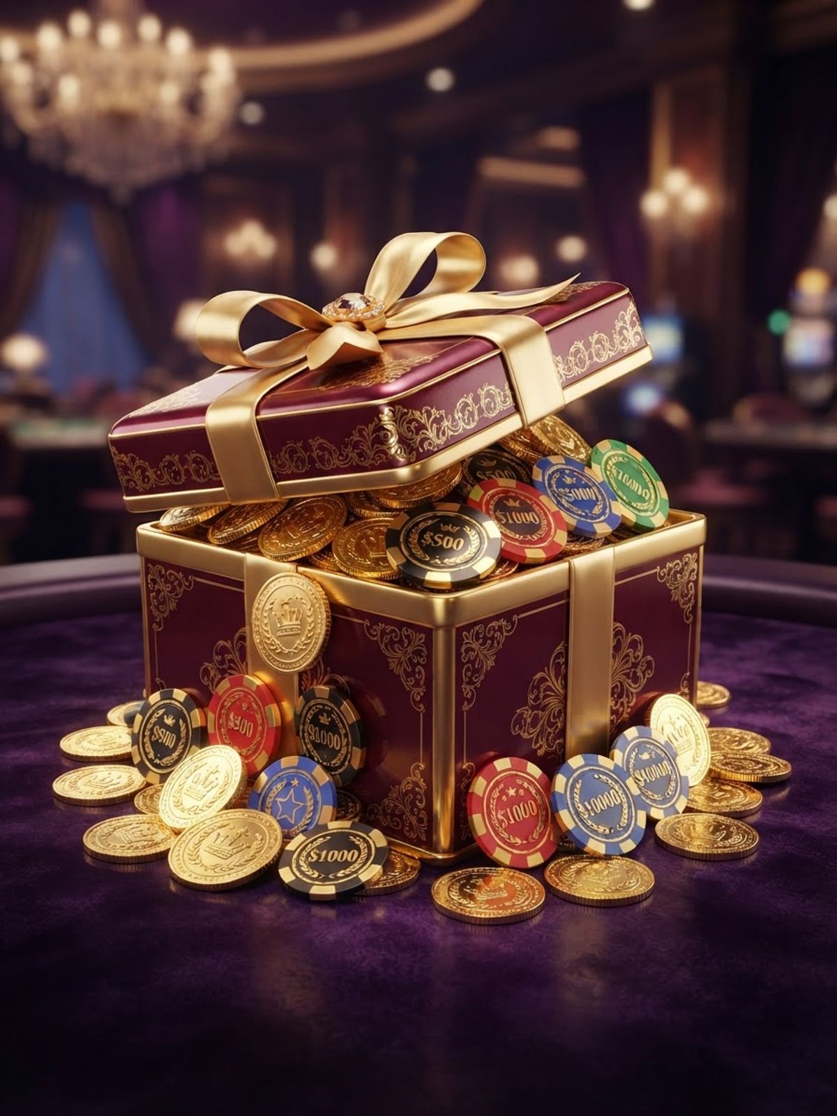 Gouden bonuscadeau met munten en casinochips