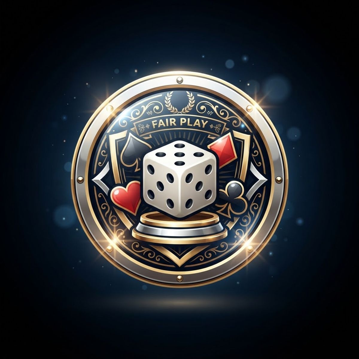Circular fair play emblem with dice and cards